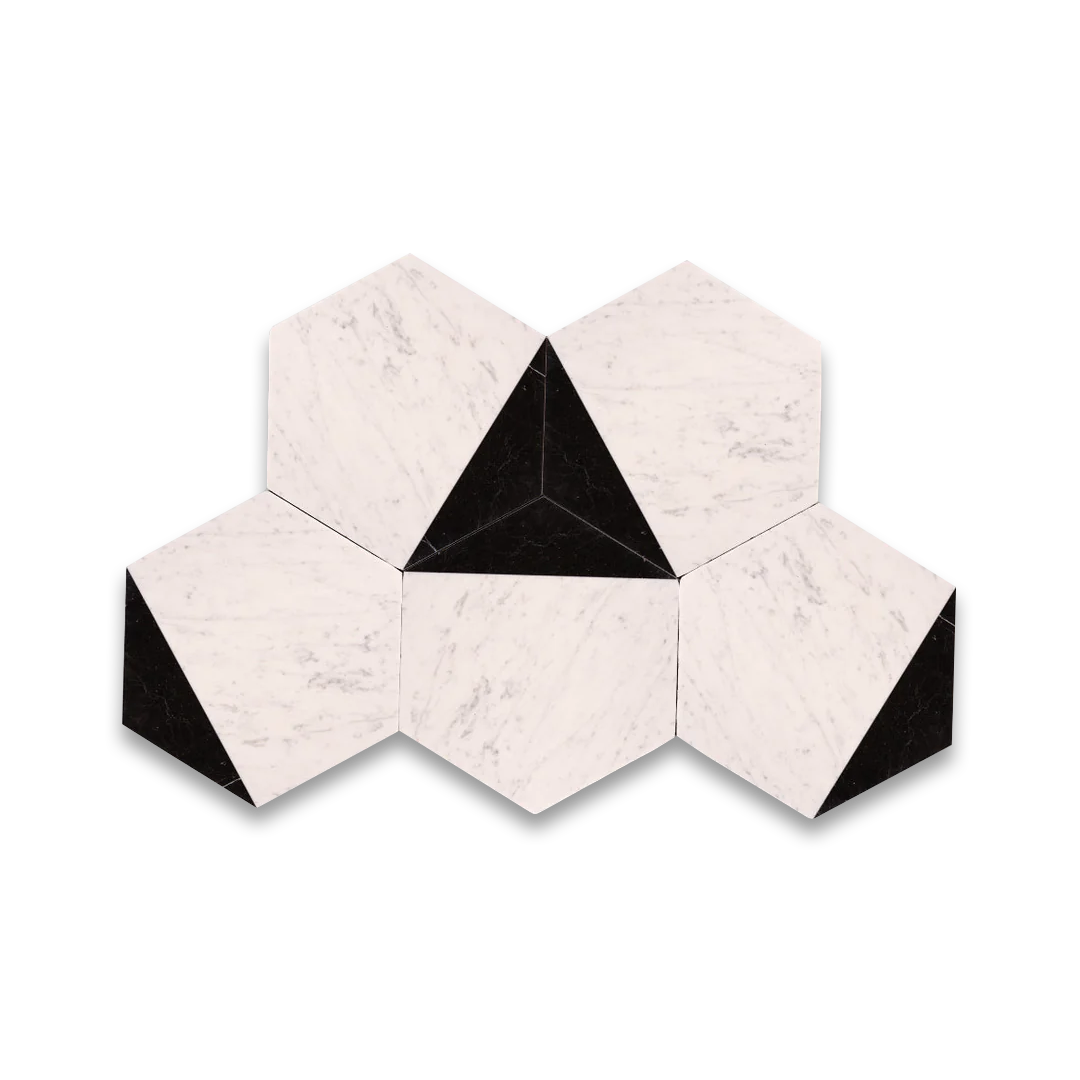 Hexagonal tiles with black accents on a white background