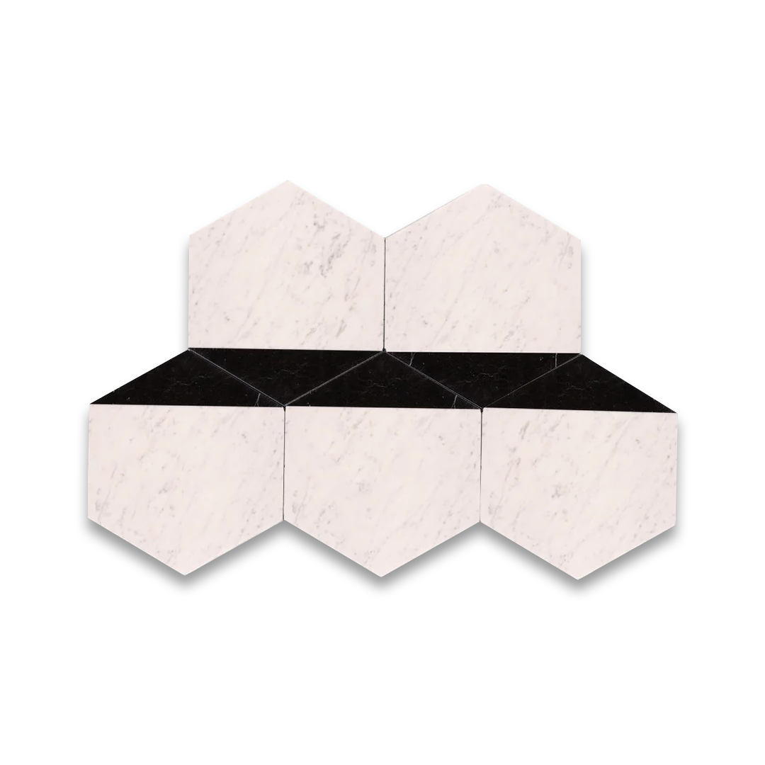 Hexagonal tiles with a black and white pattern on a white background