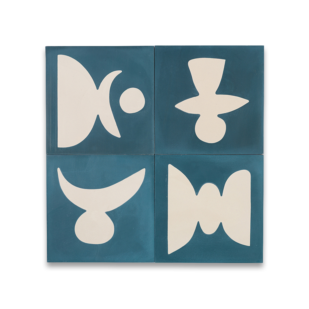 Cement tile featuring abstract geometric white shapes on a deep teal blue background, matte finish, ideal for modern, artistic, or mid-century interior flooring and wall décor applications.