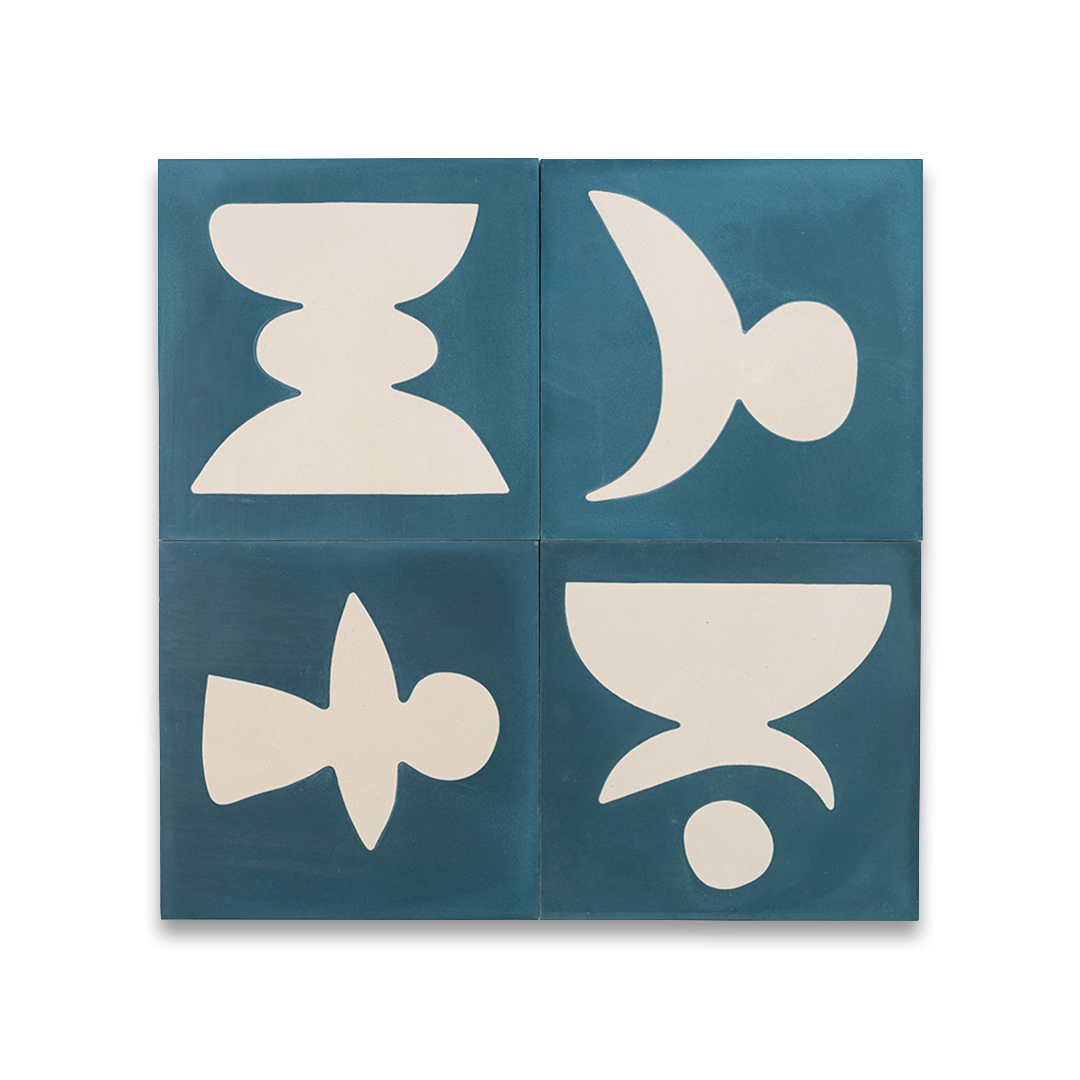 Cement tile featuring abstract geometric white shapes on a deep teal blue background, matte finish, ideal for modern, artistic, or mid-century interior flooring and wall décor applications.