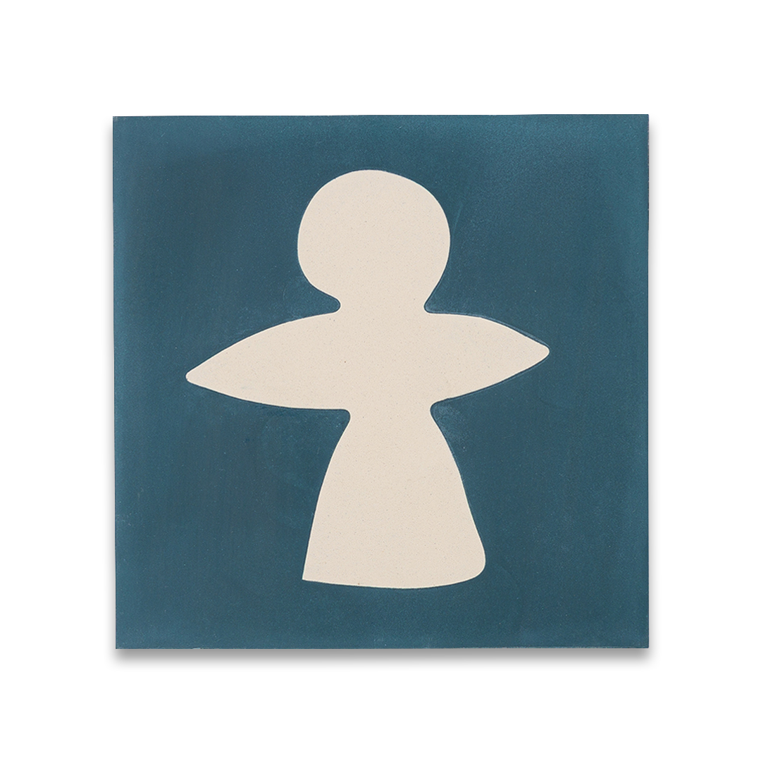 Cement tile featuring abstract geometric white shapes on a deep teal blue background, matte finish, ideal for modern, artistic, or mid-century interior flooring and wall décor applications.