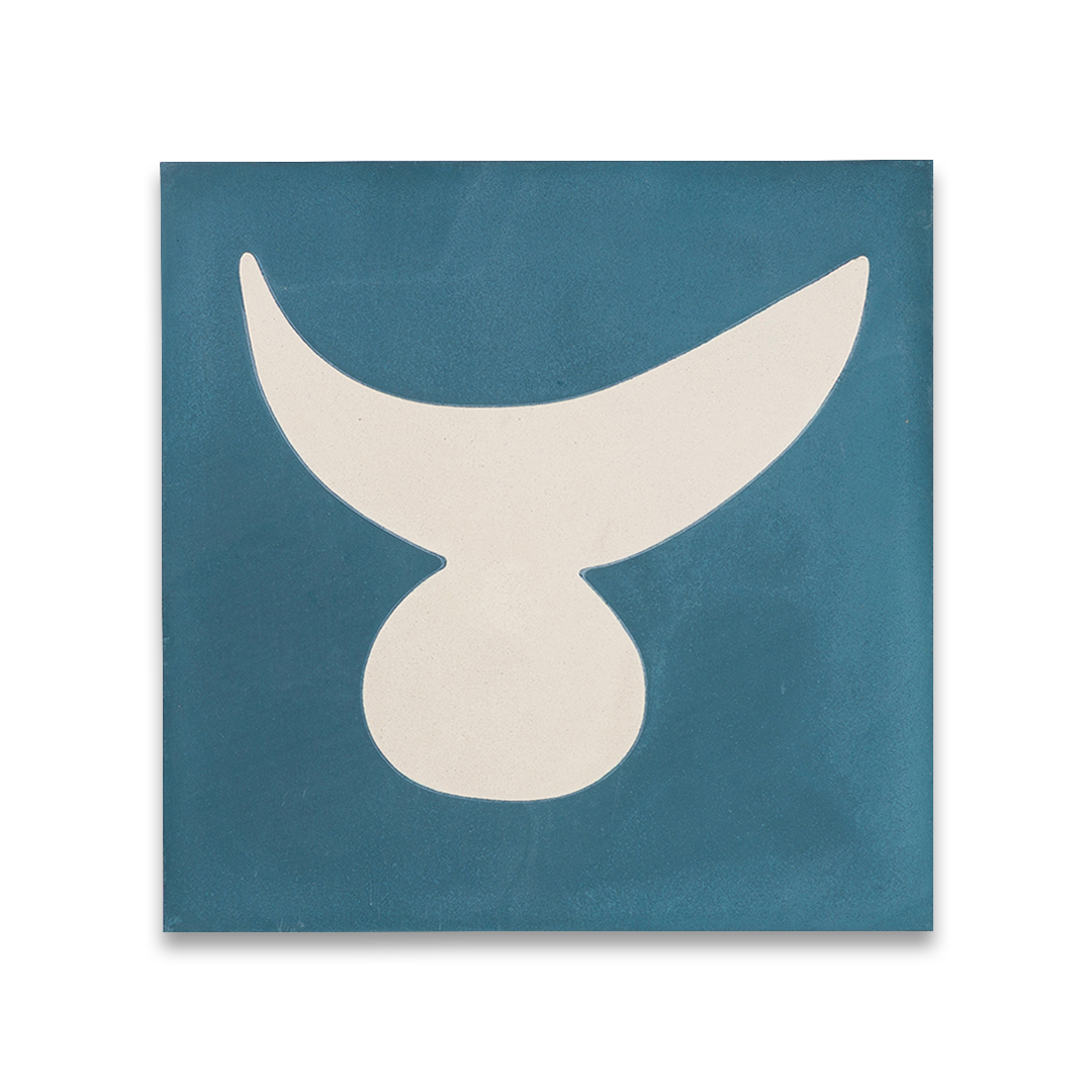 Cement tile featuring abstract geometric white shapes on a deep teal blue background, matte finish, ideal for modern, artistic, or mid-century interior flooring and wall décor applications.