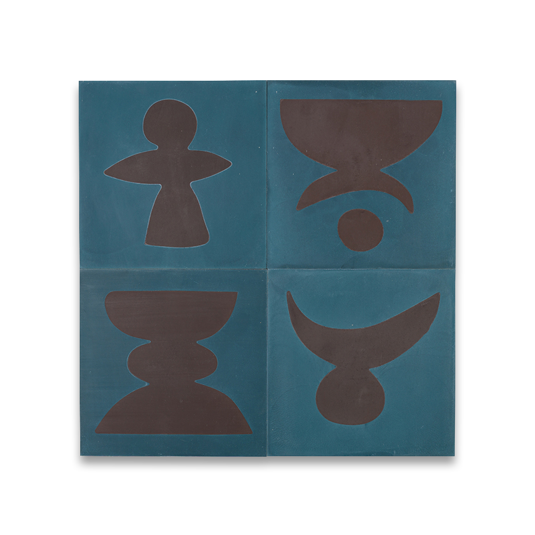 Cement tile featuring abstract brown geometric shapes on a deep teal blue background, matte finish, ideal for modern, artistic, or mid-century interior flooring and wall décor applications.