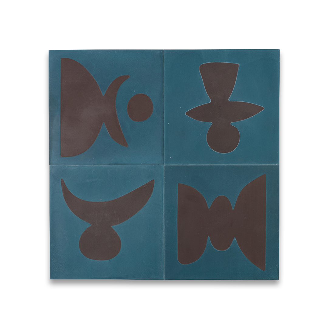 Cement tile featuring abstract brown geometric shapes on a deep teal blue background, matte finish, ideal for modern, artistic, or mid-century interior flooring and wall décor applications.