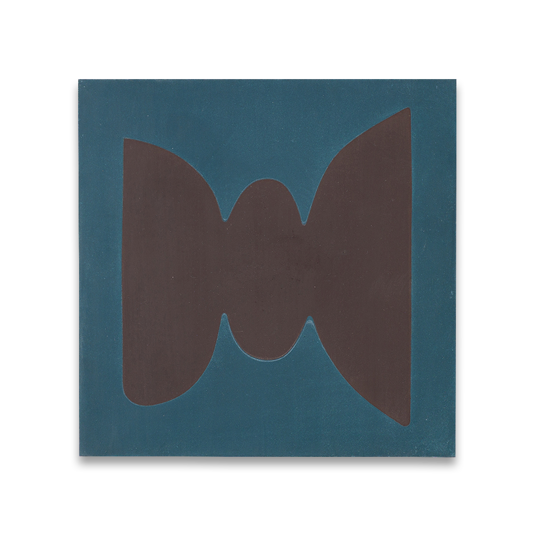 Cement tile featuring abstract brown geometric shapes on a deep teal blue background, matte finish, ideal for modern, artistic, or mid-century interior flooring and wall décor applications.