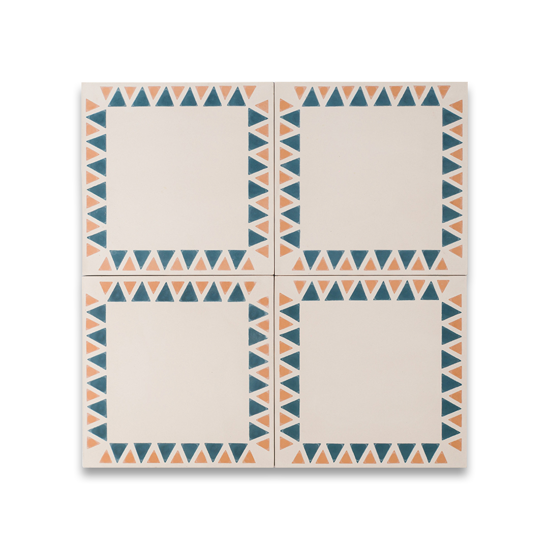Square cement tile featuring a cream base with a geometric border of alternating blue and terracotta triangles, handcrafted matte finish, ideal for Mediterranean, bohemian, or contemporary interior flooring and wall décor.
