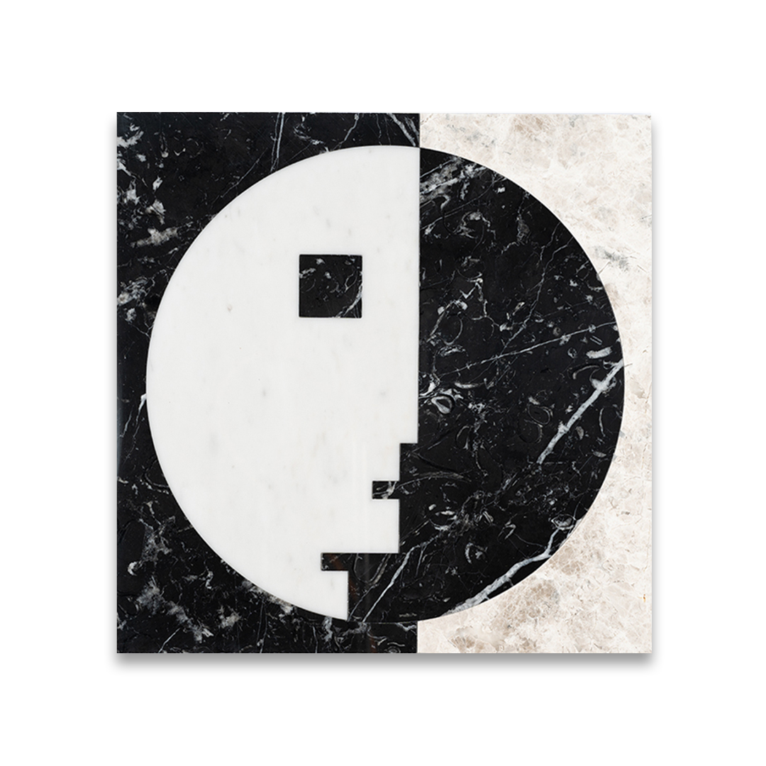 Abstract design with black, white, and beige marbled patterns on a white background