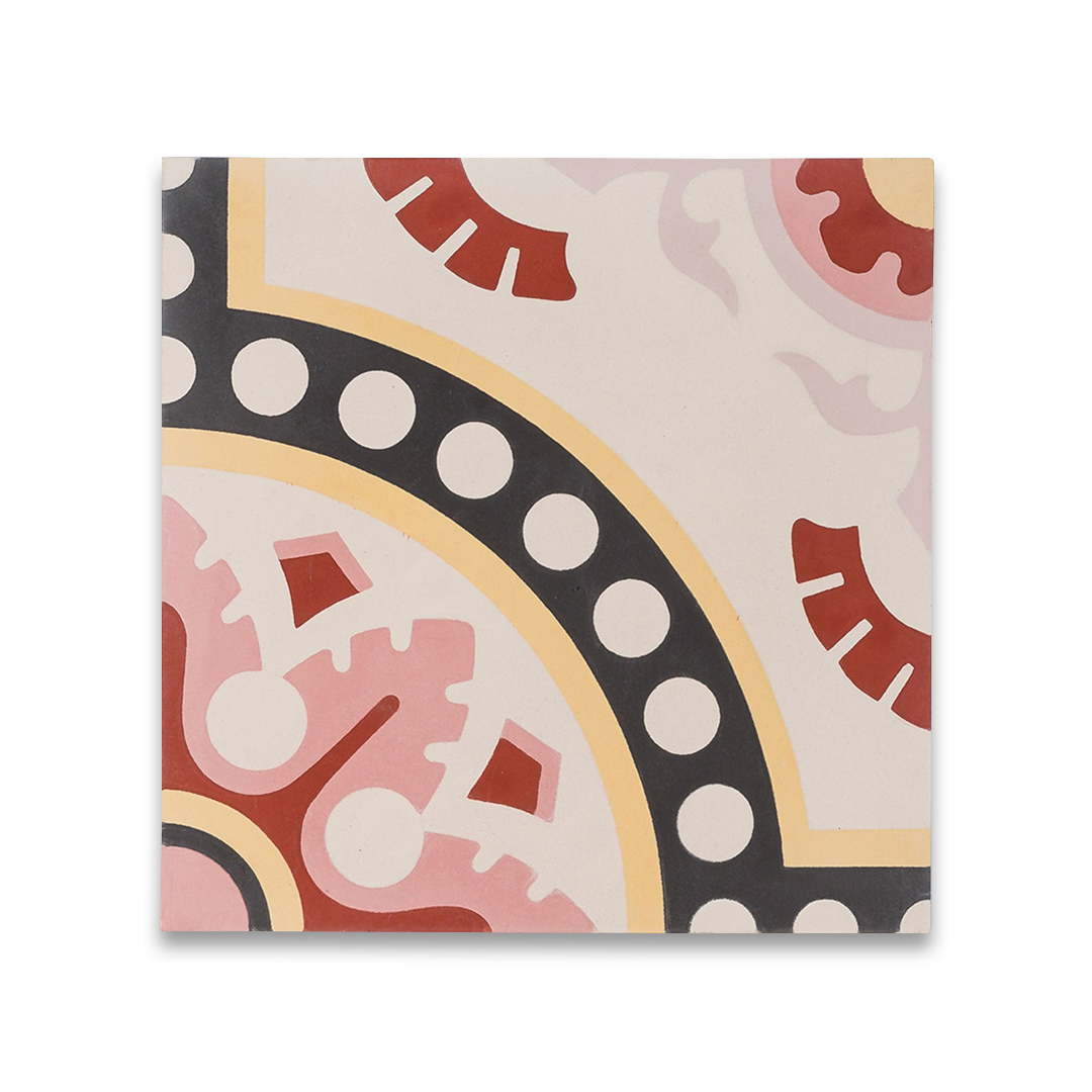 Cement tile featuring an ornate floral and circular motif in dusty pink, terracotta red, mustard yellow, and black accents, matte finish, ideal for Mediterranean, vintage, or eclectic interior flooring and wall décor applications.