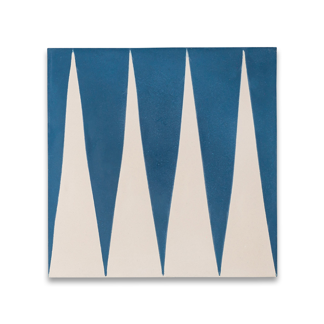 Cement tile featuring alternating deep teal blue and white elongated triangular patterns, matte finish, ideal for modern, geometric, or Mediterranean interior flooring and wall décor applications.