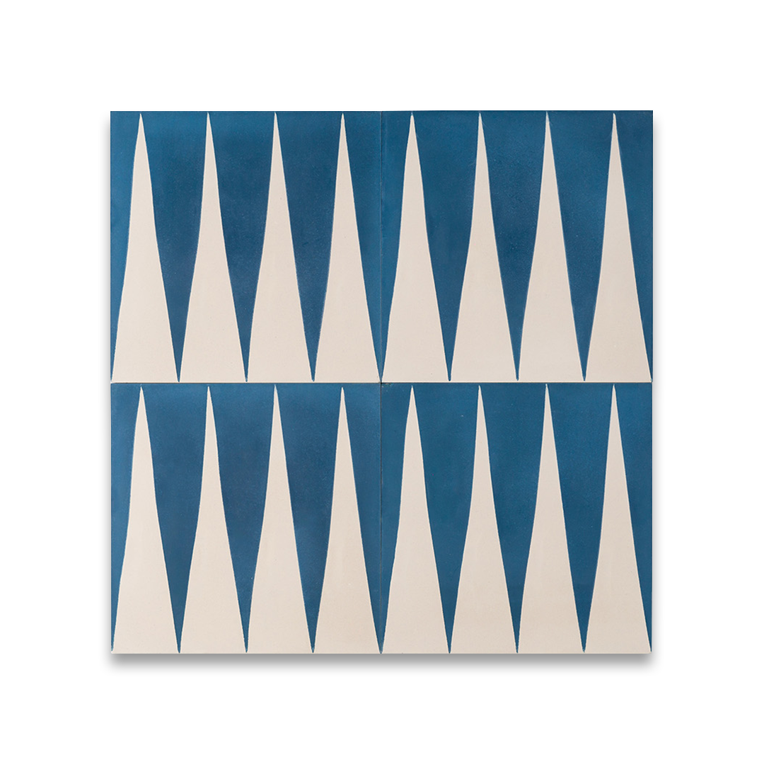 Cement tile featuring alternating deep teal blue and white elongated triangular patterns, matte finish, ideal for modern, geometric, or Mediterranean interior flooring and wall décor applications.