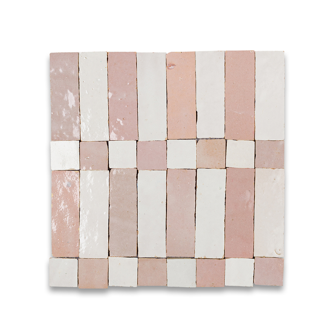 Square tile with a pattern of pink and white squares on a white background
