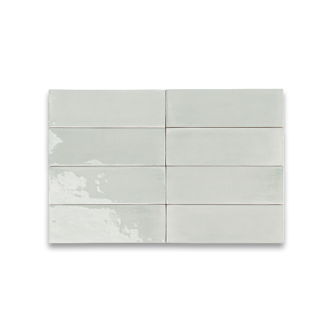 Set of six light gray ceramic tiles on a white background