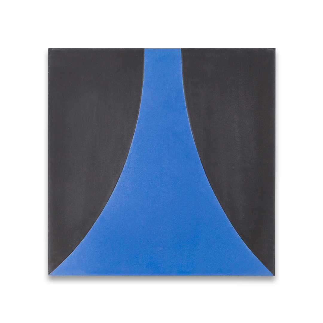 A bold geometric design with a curved cobalt blue shape against a charcoal black background, matte finish, ideal for modern or contemporary interior flooring and wall décor.