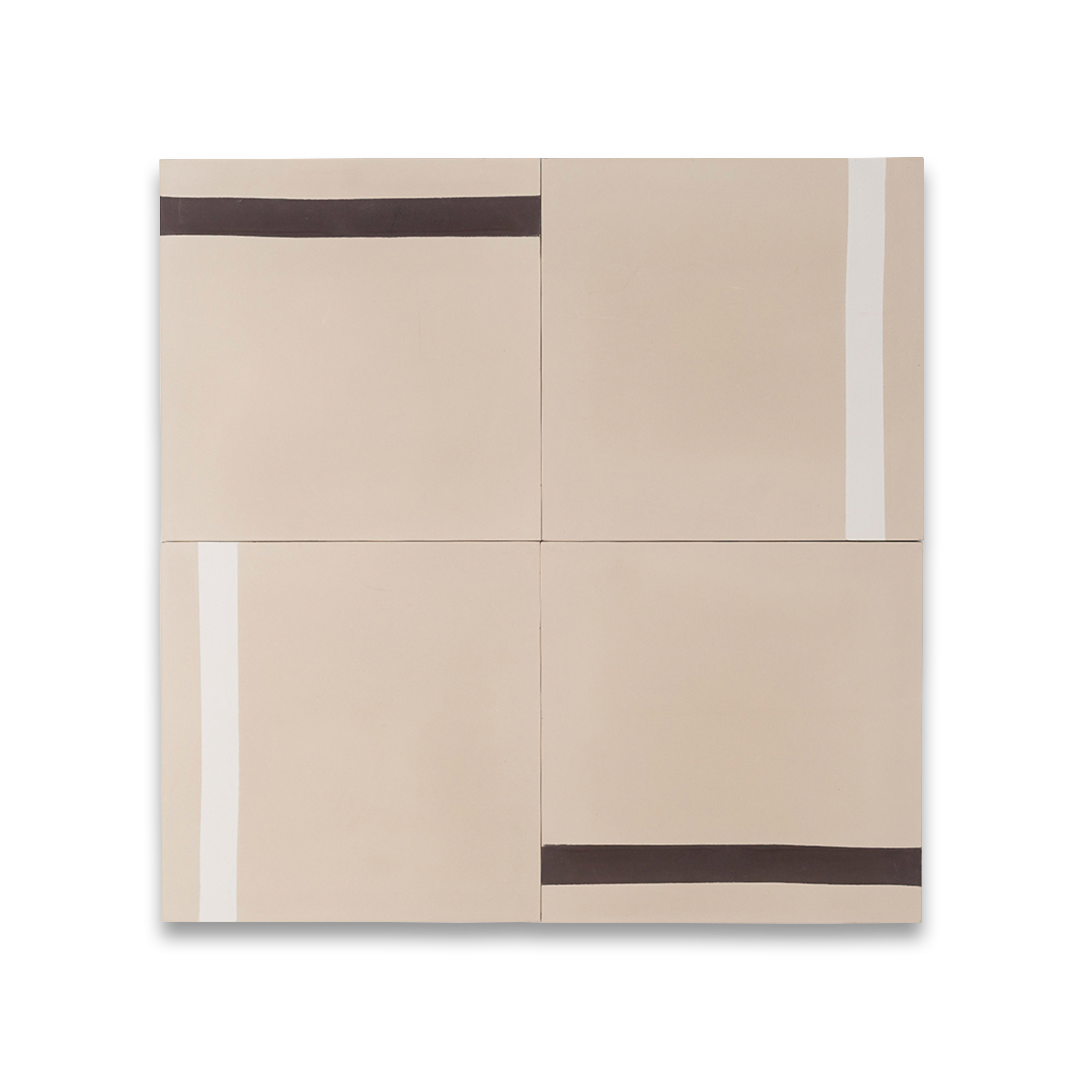 Cement tile featuring vertical mocha and white hand-painted stripes with a matte finish, ideal for modern interiors, minimalist walls, or contemporary geometric floor layouts.