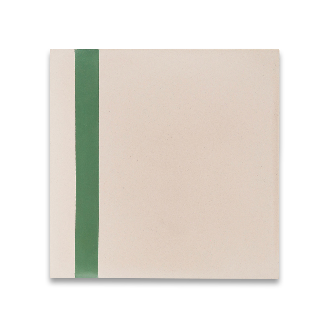 A decorative tile featuring a smooth soft beige background complemented by a bold green accent stripe, perfect for modern interior designs.