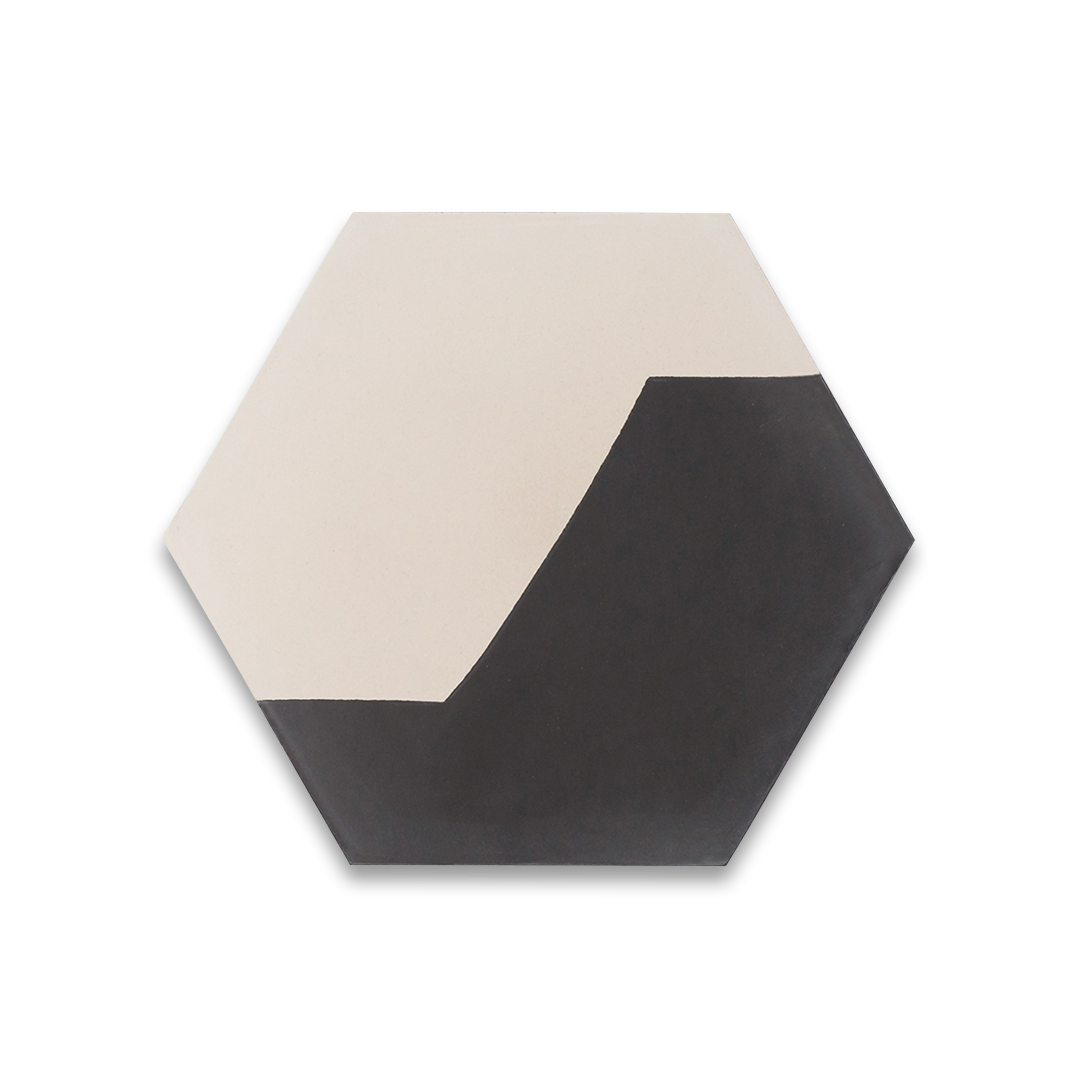 Hexagonal tile featuring a smooth cream upper half and curved black lower section, ideal for modern interiors, geometric wall art, or minimalist floor pattern designs.