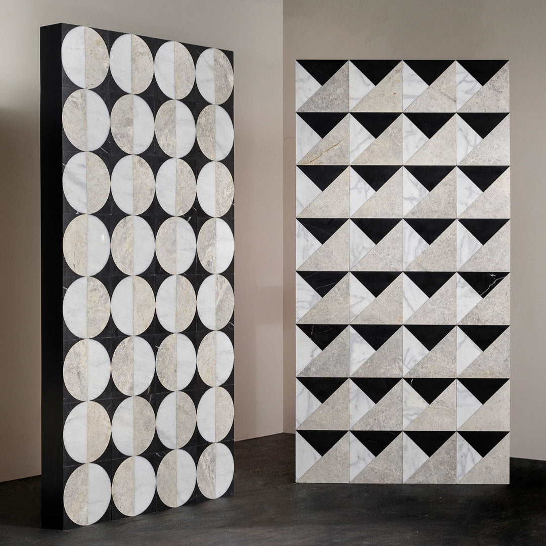Two decorative panels with geometric patterns on a plain background