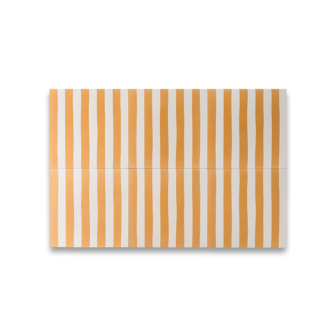 Cement tile featuring alternating vertical stripes in warm ochre orange and white, matte finish, handcrafted surface, ideal for Mediterranean, coastal, or contemporary interior flooring and wall décor applications.