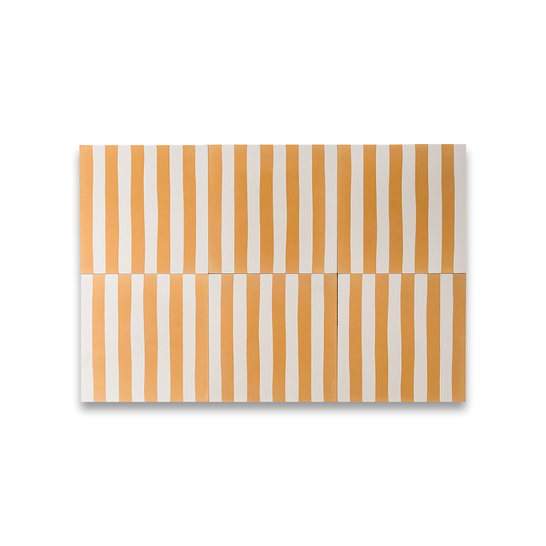 Cement tile featuring alternating vertical stripes in warm ochre orange and white, matte finish, handcrafted surface, ideal for Mediterranean, coastal, or contemporary interior flooring and wall décor applications.