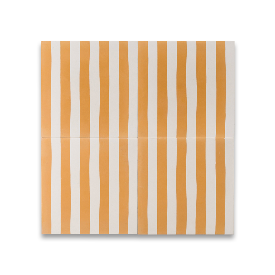 Cement tile featuring alternating vertical stripes in warm ochre orange and white, matte finish, handcrafted surface, ideal for Mediterranean, coastal, or contemporary interior flooring and wall décor applications.