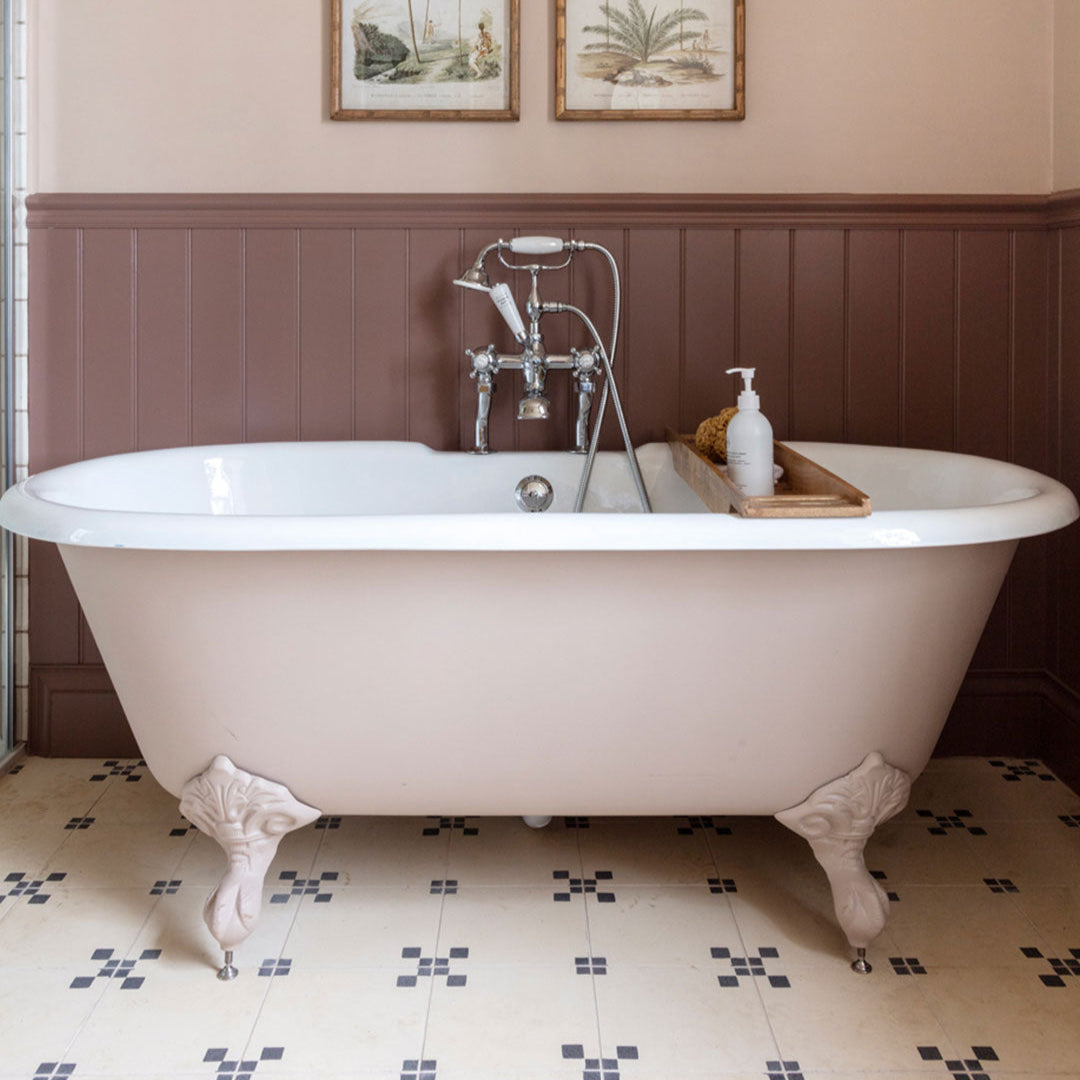 Minimalist floor tile featuring a cream base with four black corner squares, ideal for modern interiors, geometric wall patterns, or vintage-inspired flooring designs.