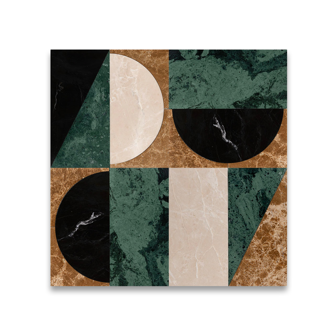 Geometric pattern with marbled shapes in green, brown, and beige on a white background