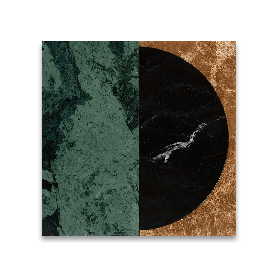 Marble-patterned vinyl record with green, black, and brown colors on a white background