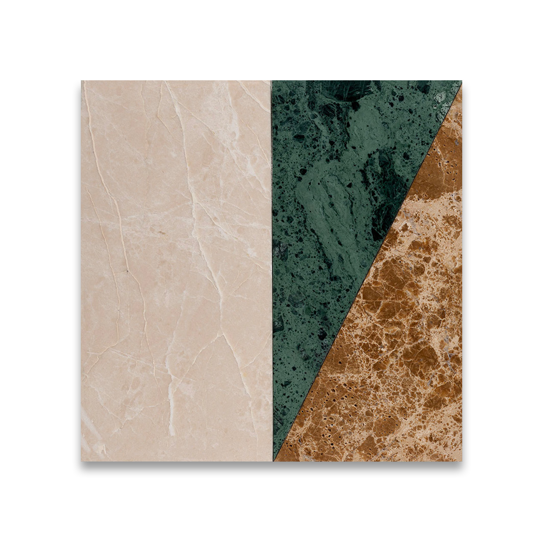 Decorative wall art with marble patterns in beige, green, and brown on a white background