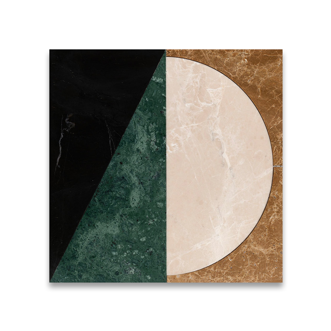 Geometric design with black, green, beige, and brown colors on a white background