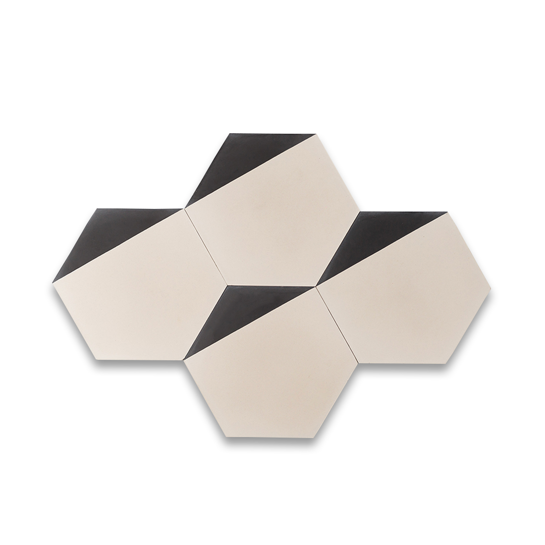 Modern hexagonal tile featuring a matte cream surface with a bold black edge accent, ideal for geometric wall patterns, minimalist flooring, or contemporary interior designs.