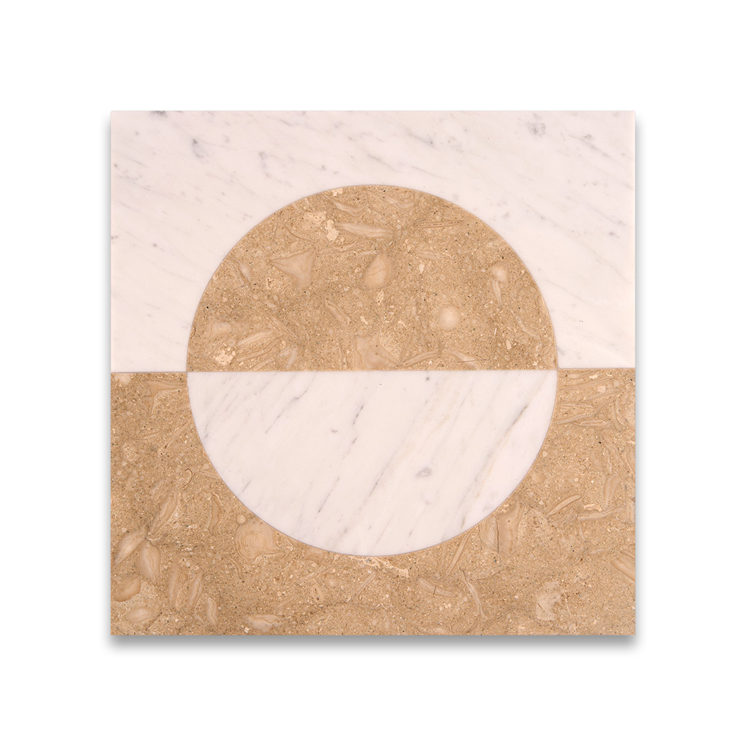 Decorative wall art with gold and white abstract design on a beige background