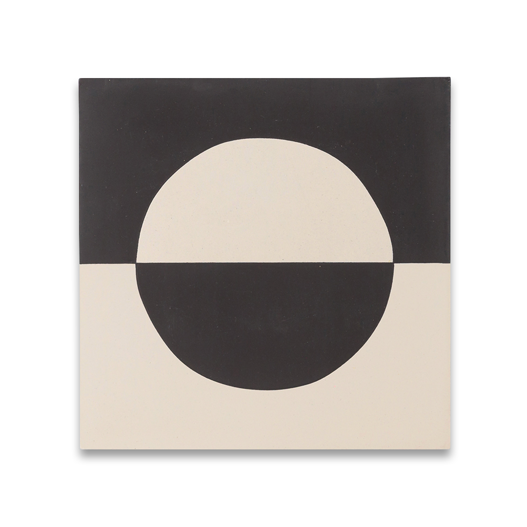 A bold geometric circle pattern in black and off-white tones, matte finish, square shape, ideal for modern, minimalist, or contemporary flooring and wall décor applications.