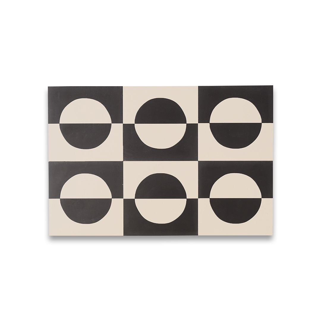 A bold geometric circle pattern in black and off-white tones, matte finish, square shape, ideal for modern, minimalist, or contemporary flooring and wall décor applications.