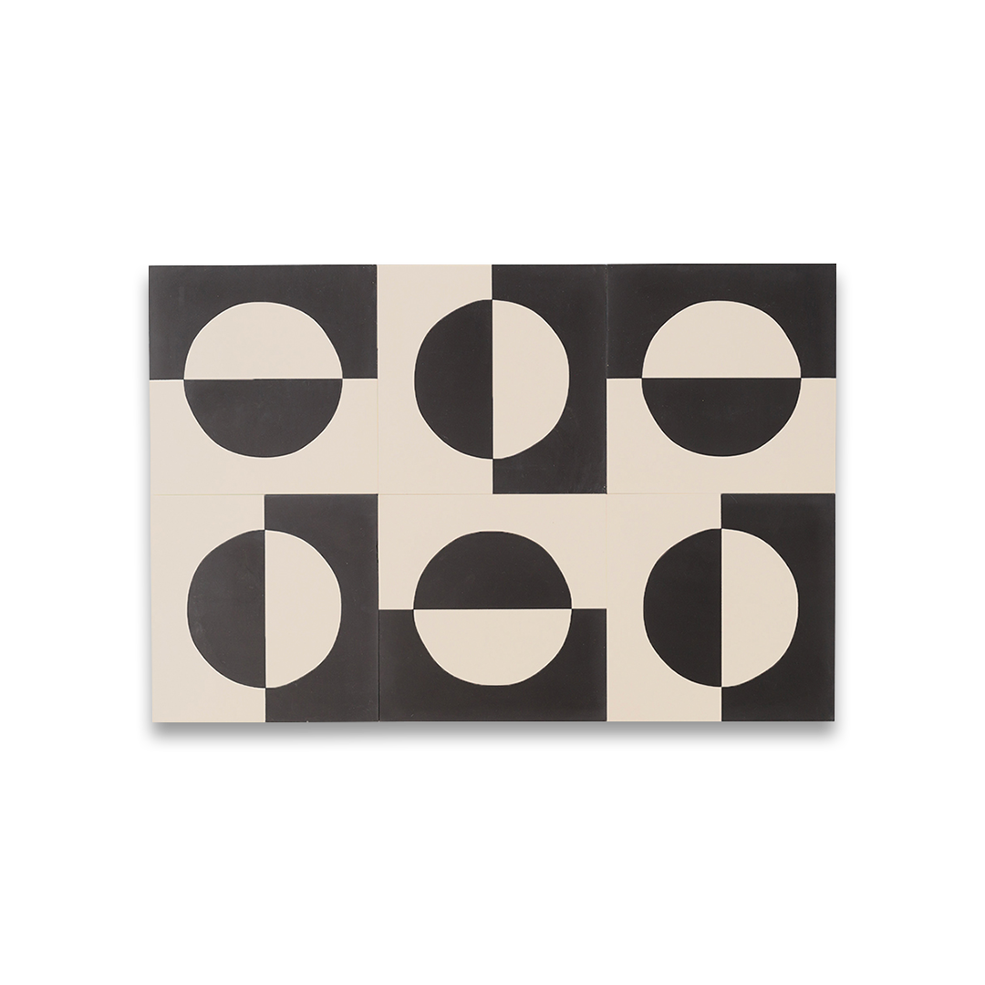 A bold geometric circle pattern in black and off-white tones, matte finish, square shape, ideal for modern, minimalist, or contemporary flooring and wall décor applications.