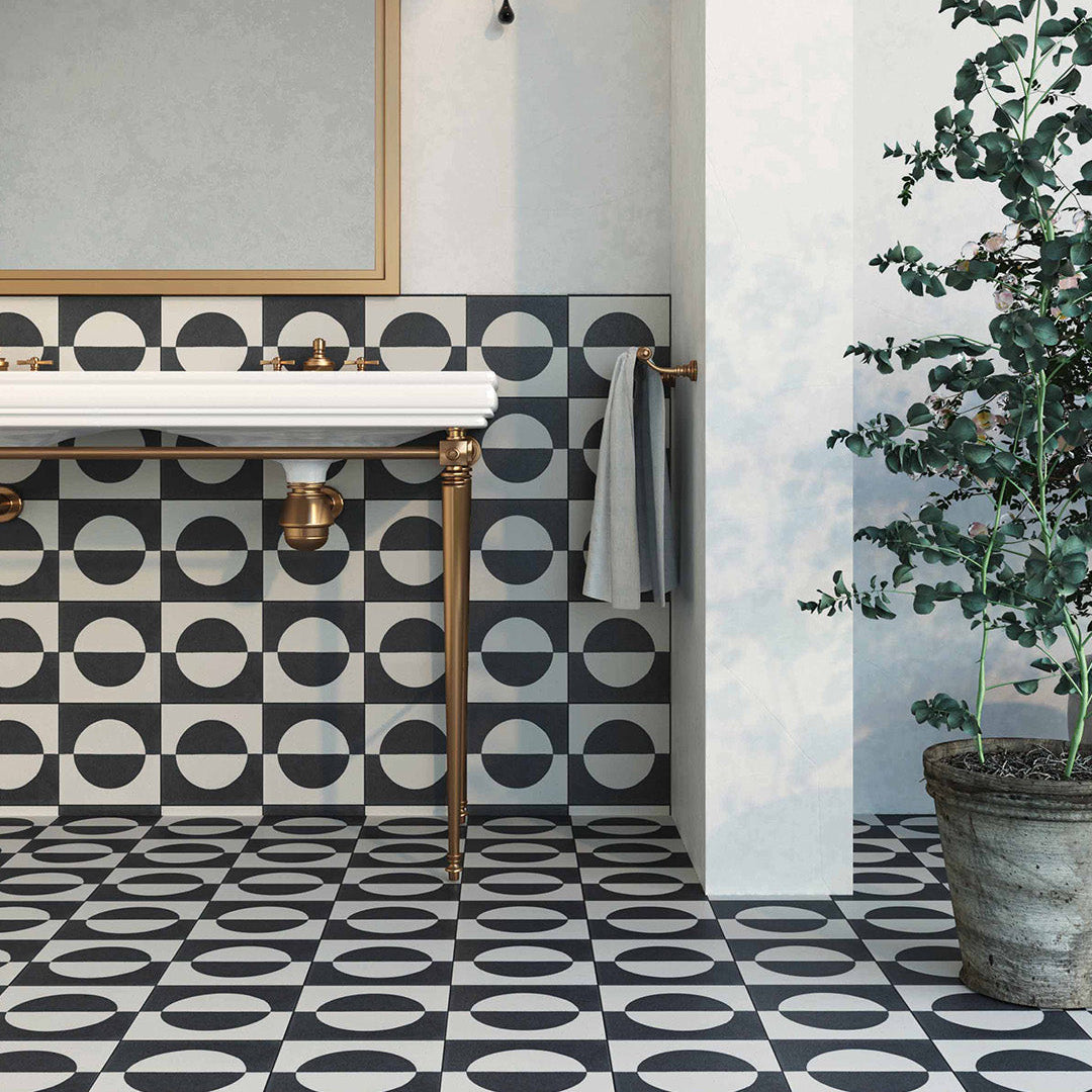 A bold geometric circle pattern in black and off-white tones, matte finish, square shape, ideal for modern, minimalist, or contemporary flooring and wall décor applications.