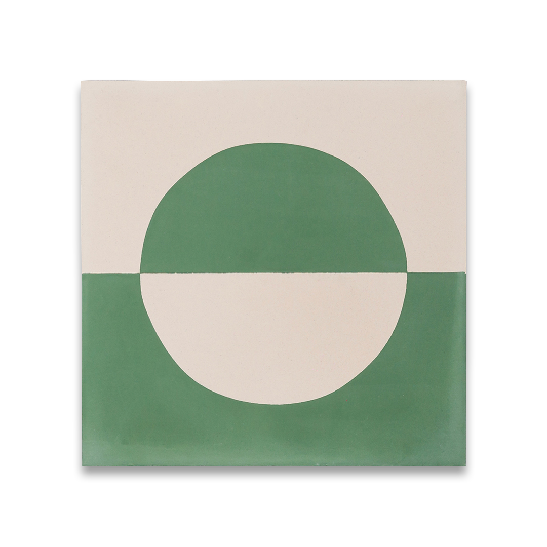 A geometric circle pattern in sage green and off-white, matte finish, ideal for modern, minimalist, or contemporary interior flooring and wall décor applications.