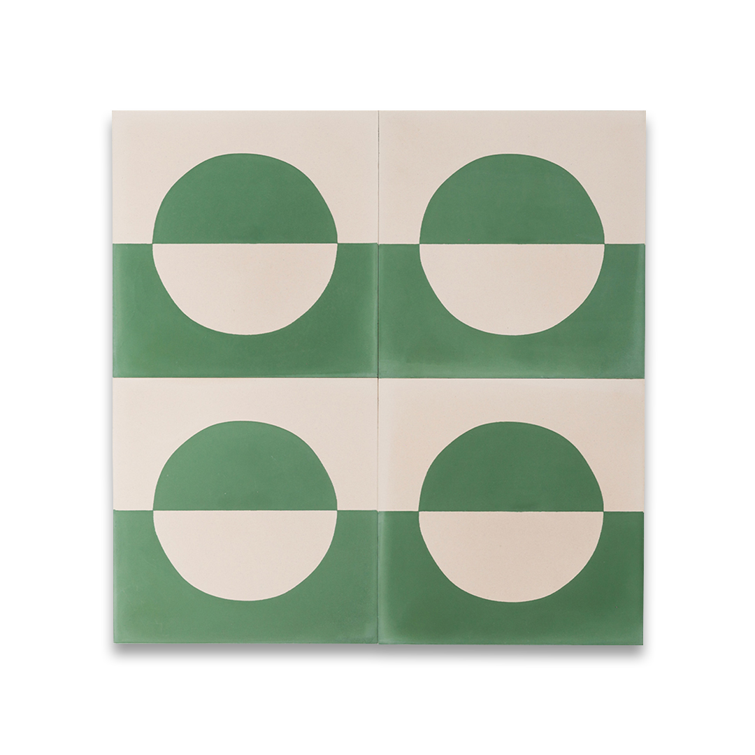 A geometric circle pattern in sage green and off-white, matte finish, ideal for modern, minimalist, or contemporary interior flooring and wall décor applications.