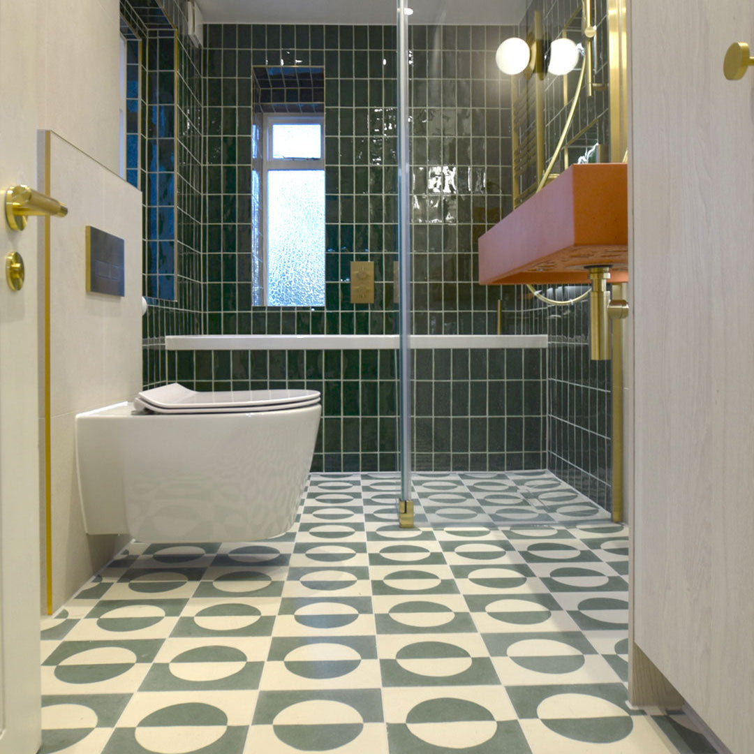 A geometric circle pattern in sage green and off-white, matte finish, ideal for modern, minimalist, or contemporary interior flooring and wall décor applications.