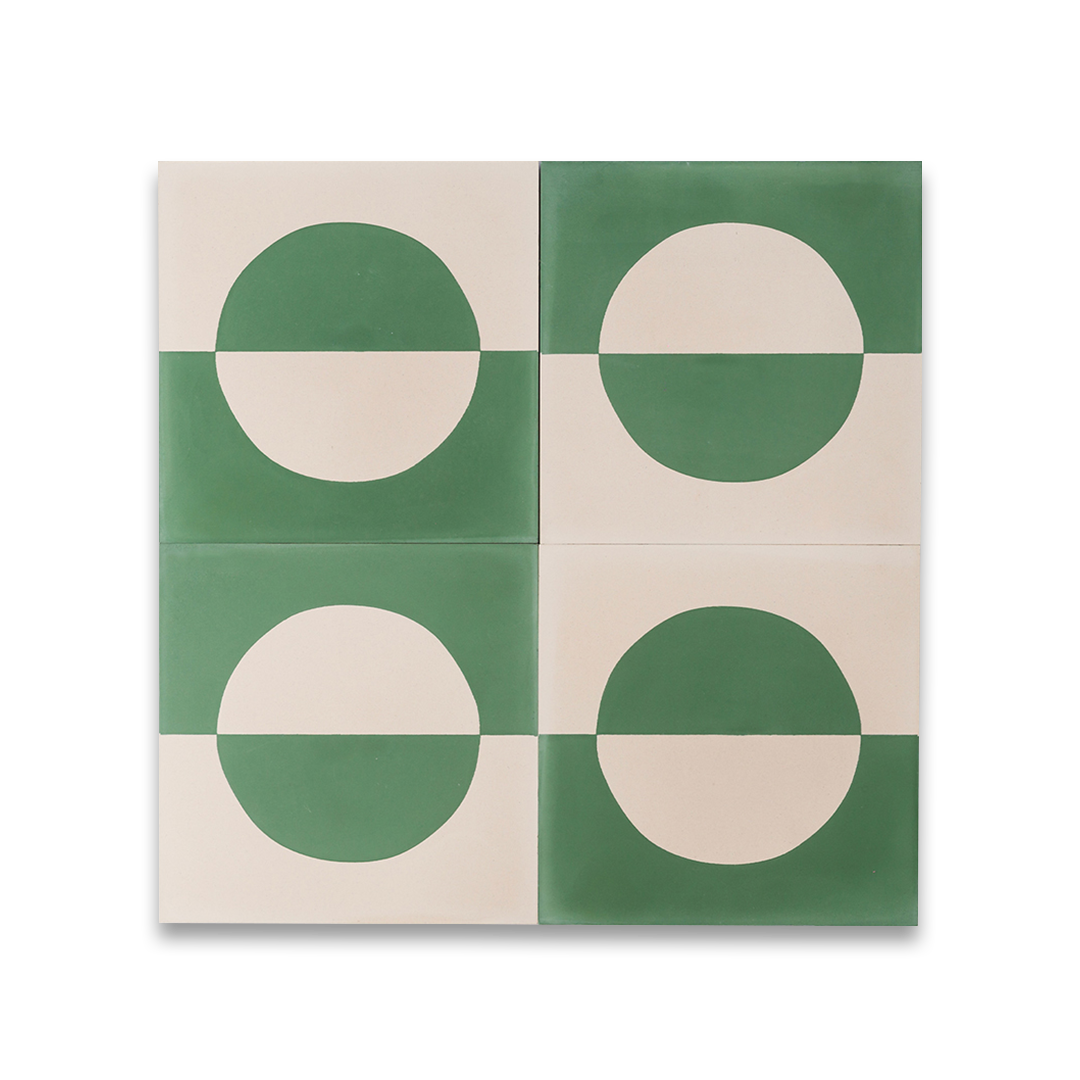 A geometric circle pattern in sage green and off-white, matte finish, ideal for modern, minimalist, or contemporary interior flooring and wall décor applications.