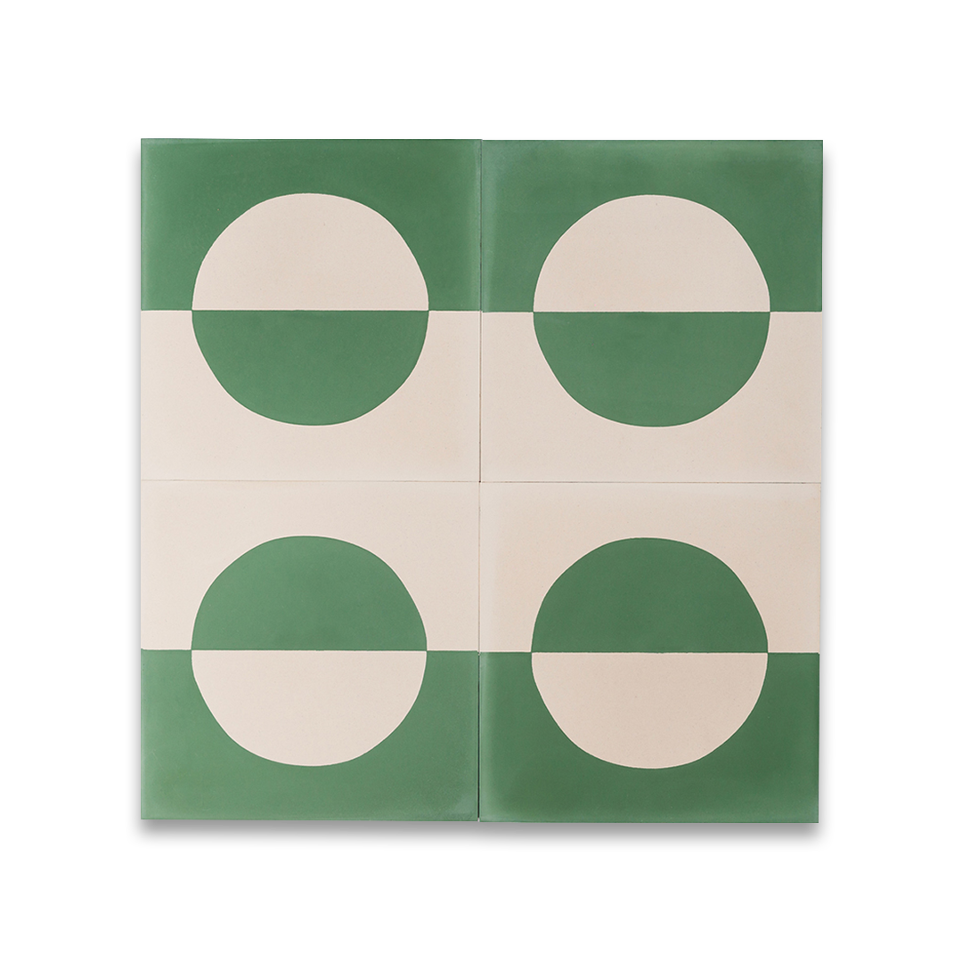 A geometric circle pattern in sage green and off-white, matte finish, ideal for modern, minimalist, or contemporary interior flooring and wall décor applications.