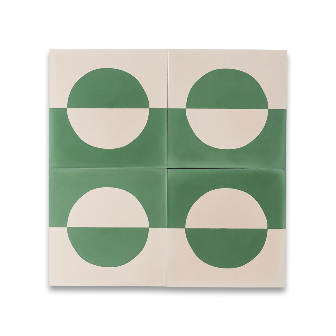 A geometric circle pattern in sage green and off-white, matte finish, ideal for modern, minimalist, or contemporary interior flooring and wall décor applications.