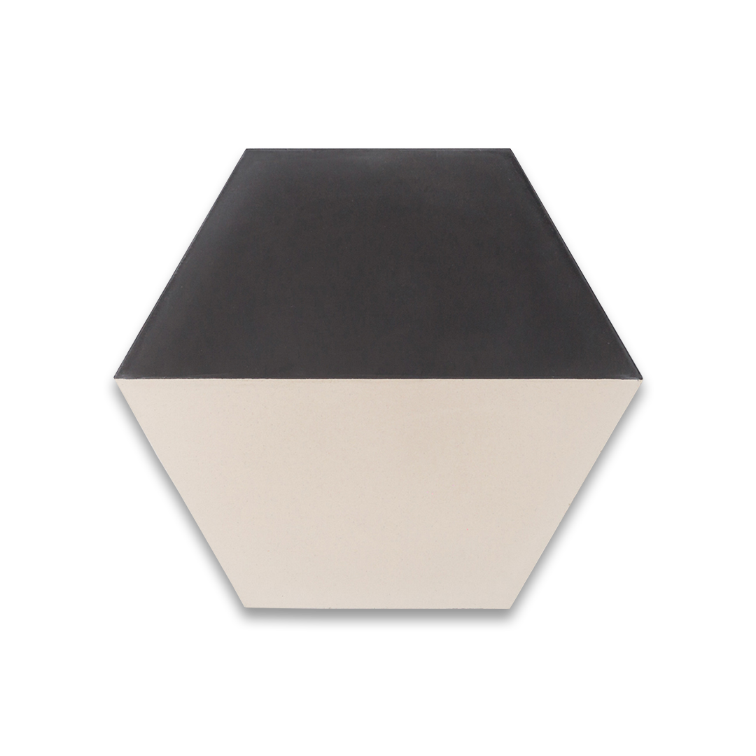 Geometric hexagonal tile featuring a bold black upper section and soft cream lower half, ideal for modern interiors, 3D wall illusions, or contemporary floor patterns.