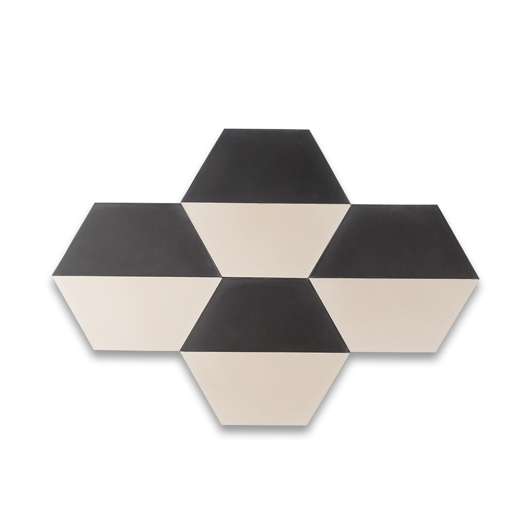 Geometric hexagonal tile featuring a bold black upper section and soft cream lower half, ideal for modern interiors, 3D wall illusions, or contemporary floor patterns.