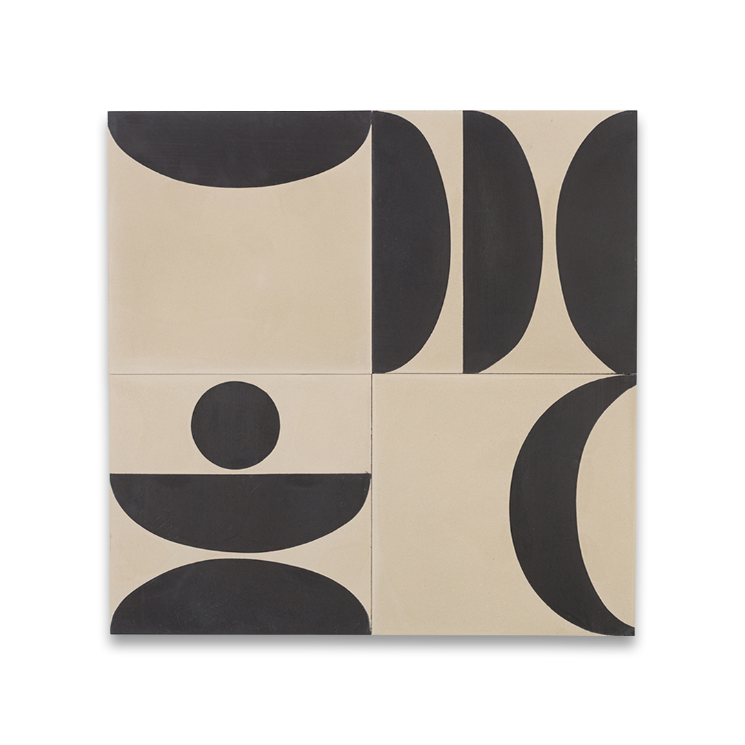 Beige and black geometric cement tile featuring bold curved and circular patterns, minimalist modern design, matte finish, ideal for contemporary flooring, wall décor, and architectural interior applications.
