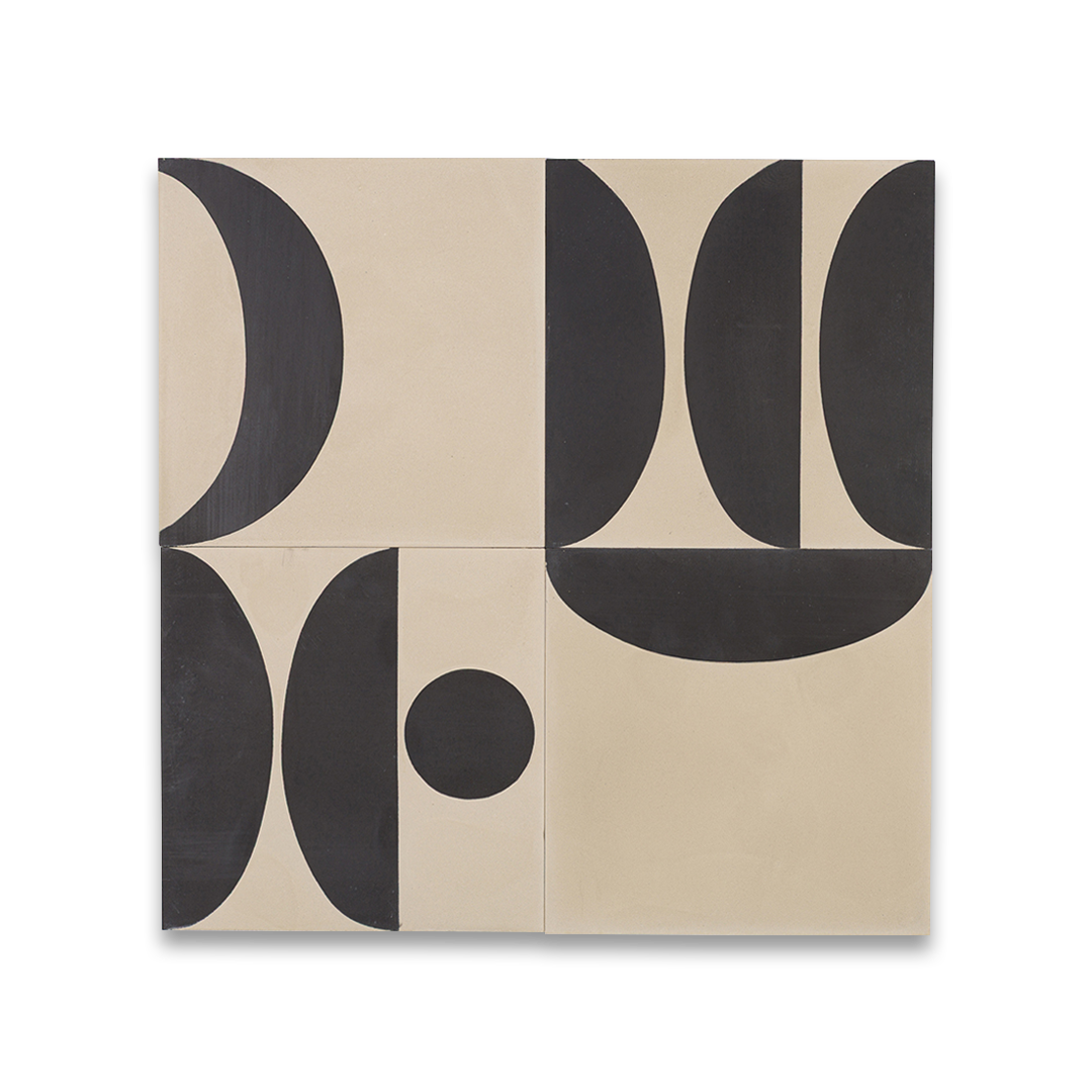 Beige and black geometric cement tile featuring bold curved and circular patterns, minimalist modern design, matte finish, ideal for contemporary flooring, wall décor, and architectural interior applications.