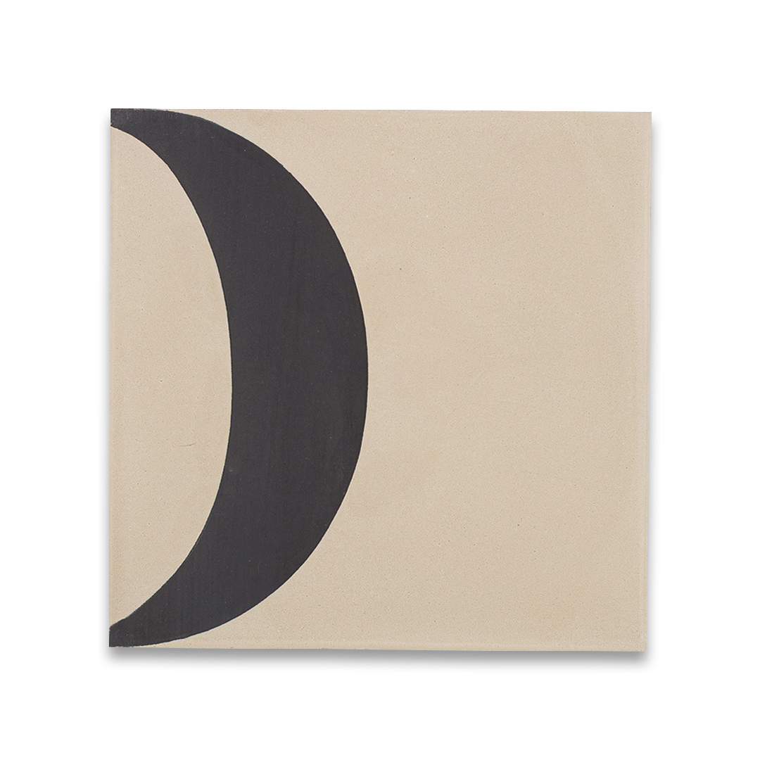 Beige and black geometric cement tile featuring bold curved and circular patterns, minimalist modern design, matte finish, ideal for contemporary flooring, wall décor, and architectural interior applications.