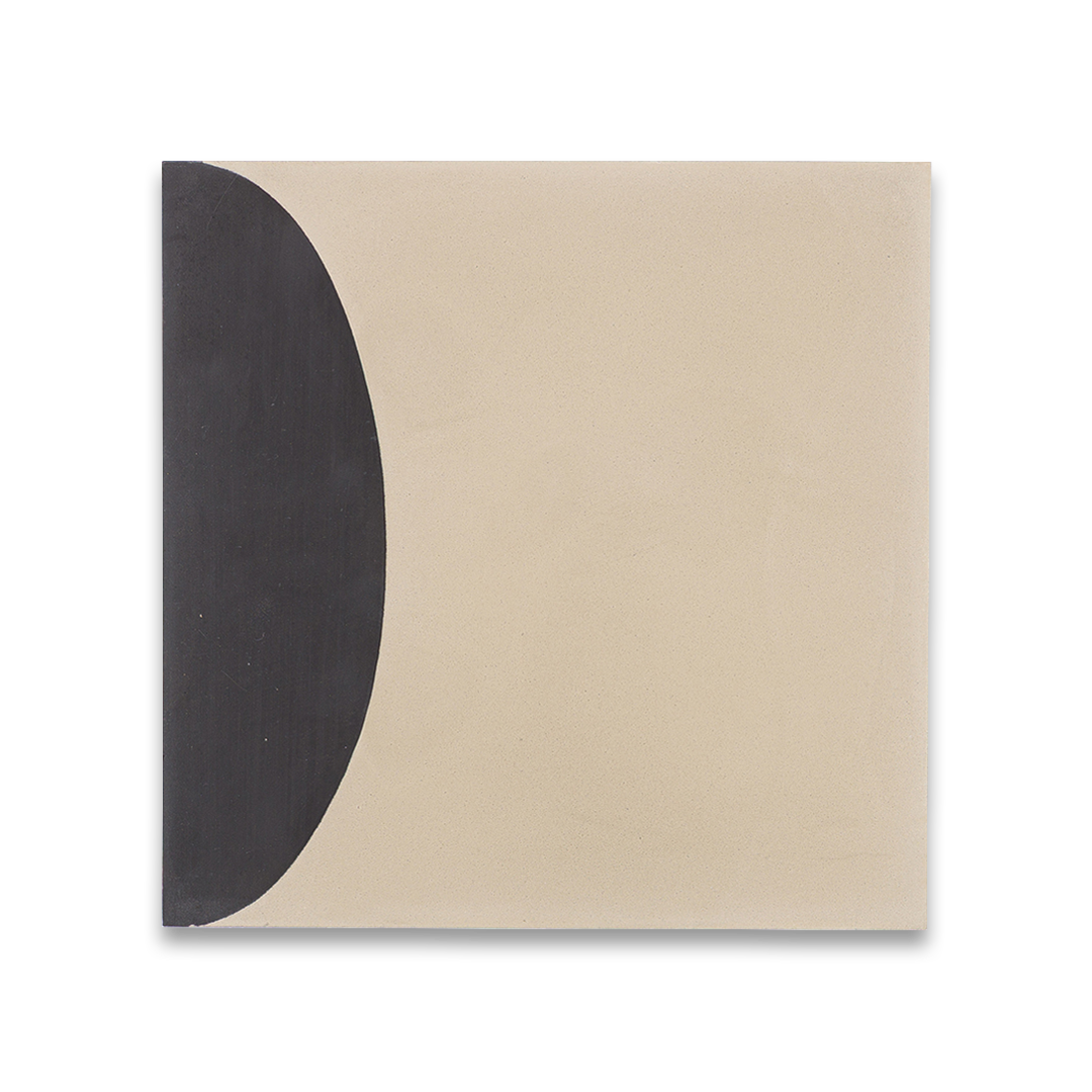 Beige and black geometric cement tile featuring bold curved and circular patterns, minimalist modern design, matte finish, ideal for contemporary flooring, wall décor, and architectural interior applications.