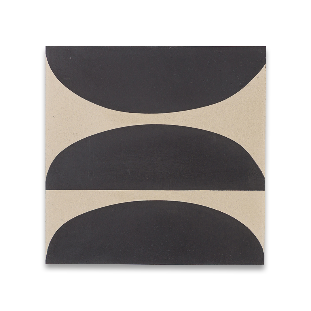 Beige and black geometric cement tile featuring bold curved and circular patterns, minimalist modern design, matte finish, ideal for contemporary flooring, wall décor, and architectural interior applications.