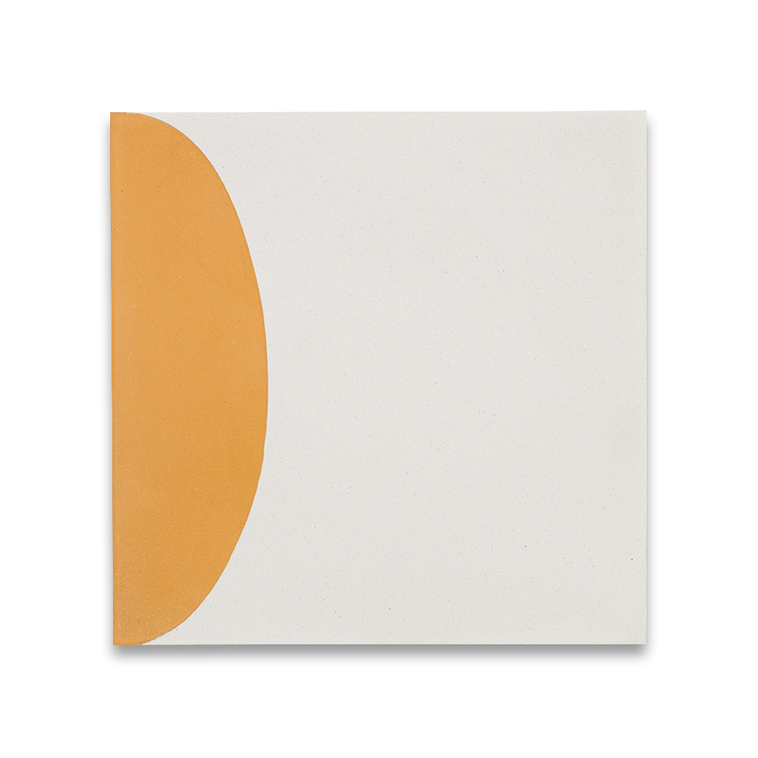 Cement tile featuring a geometric pattern of mustard yellow semicircles and curved shapes on a white background, matte finish, ideal for modern, retro, or mid-century interior flooring and wall décor applications.