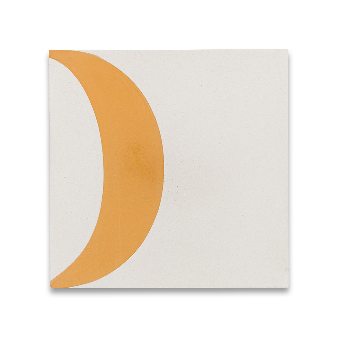 Cement tile featuring a geometric pattern of mustard yellow semicircles and curved shapes on a white background, matte finish, ideal for modern, retro, or mid-century interior flooring and wall décor applications.